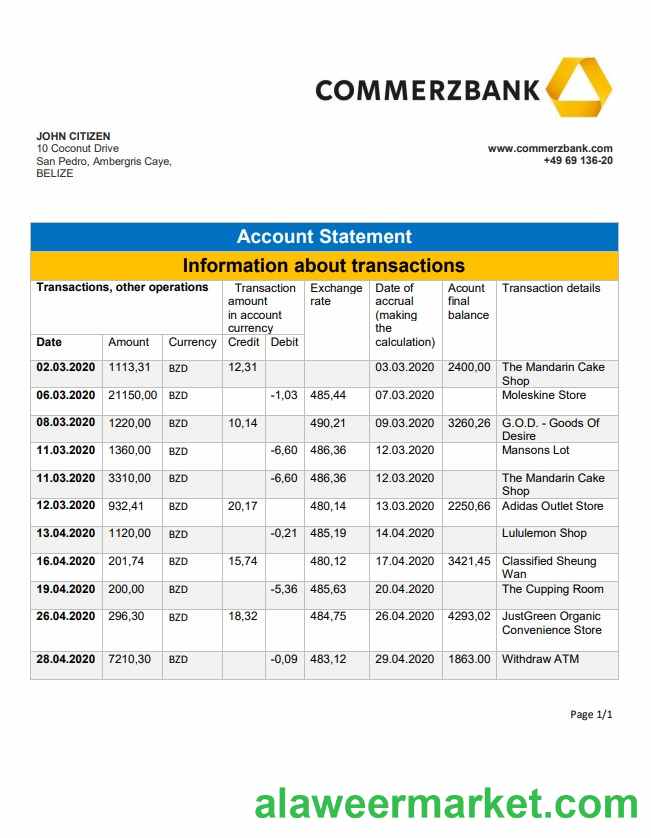 Belize Commerzbank bank statement